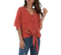 YGJIEGENG Camicia Donna Estiva Chiffon Elegante Maniche Corte Camicetta con Scollo a V e Cravatta Blusa Top Casual Floral Red S