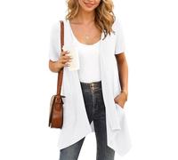 YGJIEGENG Cardigan da donna a maniche corte, aperto sul davanti, estivo, leggero, kimono con tasca (M-3XL), bianco, M