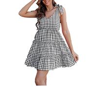 YGJKLIS Mini Abito Estivo da Donna con Spalline Larghe Senza Maniche, con Scollo a V, griglia e Cintura Plissettata, Abito da Spiaggia per Feste, Nero, S