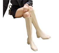 YGMNQAL Autumn And Winter Thigh-high Model Boots Thick Heel All Matching Slim Knight Square Head Mid-heel Elastic(Beige,35)