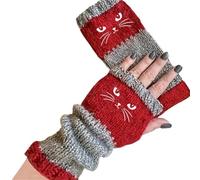 YGMNQAL Guanti Senza Dita Fingerless Gloves,Knitted Warm With Cute Cat Pattern, Fashionable Casual For Women,Winter(Red)