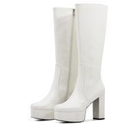 YGMNQAL Round Toe Chunky Heel Platform Women's Knee High Boots Stylish Comfortable Side Zipper Winter For Woman