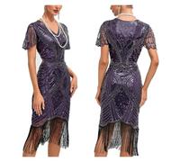 YGMNQAL Vestito Con Frange Abito da cocktail vintage da donna, con scollo a V, maniche corte, paillettes, nappe, ballo di fine anno, club(Purple,S)