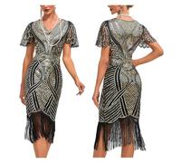 YGMNQAL Vestito Con Frange Abito da cocktail vintage da donna, con scollo a V, maniche corte, paillettes, nappe, ballo di fine anno, club(Gold,M)