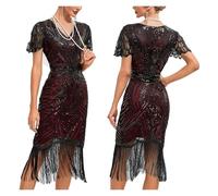 YGMNQAL Vestito Con Frange Abito da cocktail vintage da donna, con scollo a V, maniche corte, paillettes, nappe, ballo di fine anno, club(Red,S)