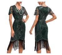 YGMNQAL Vestito Con Frange Abito da cocktail vintage da donna, con scollo a V, maniche corte, paillettes, nappe, ballo di fine anno, club(Green,XL)