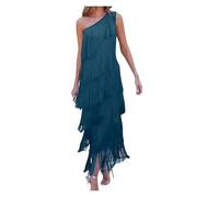 YGMNQAL Vestito Con Frange Abito elegante con frange e design con nappa, da sera, for donna, monospalla, maxi, cocktail, ballo di fine anno(Lake Blue,M)