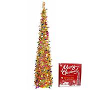 YHANEC Albero di Natale Pieghevole, 180cm Albero di Natale Pop Up, Albero di Natale Salvaspazio con Supporto, Slim Albero di Natale Stretto e Alto, Paillettes Scintillanti, per la Decorazione(Oro)
