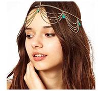 Yheakne Boho Fascia per capelli turchese Catena per capelli con nappa a strati dorati Catena per capelli zingara Copricapo da sposa per festival Copricapo decorativo Accessori per capelli per