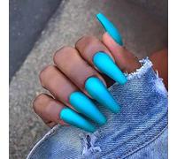 Yheakne Coffin - Unghie finte a lunga durata, con stampa su unghie opache, colore blu ballerina, a clip, tinta unita, copertura completa, in acrilico, per donne e ragazze, 24 pezzi (blu opaco)