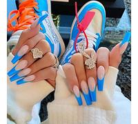 Yheakne Forma a V lunga stampa sulle unghie Ombre Ballerina unghie finte moda blu nudo punte francesi stampa unghie arte clip su unghie copertura artificiali per donna 24 pezzi (punte lunghe blu)