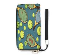 YHEGBFD Borsa in pelle, racchette da tennis con stampa di palline da tennis, portafoglio da viaggio, borsa lunga con cinturino da polso, portafoglio in pelle con cerniera intorno, stile, 20 x 10,5 cm