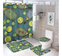 YHEGBFD Set di 4 tappeti da bagno con divertenti racchette da tennis e palline da tennis, set da 4 pezzi con tende da doccia e ganci