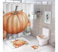 YHEGBFD Set di 4 tappeti da bagno con stampa autunnale di zucche ad acquerello, set da 4 pezzi, set da bagno composto da 4 pezzi, tende da doccia e ganci