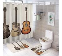 YHEGBFD Set di 4 tappeti da bagno con stampa di chitarra, set da 4 pezzi, set da bagno composto da tende da doccia e ganci