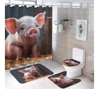 YHEGBFD Set di 4 tappeti da bagno con stampa di maialini, 4 pezzi, set da bagno composto da tende da doccia e ganci