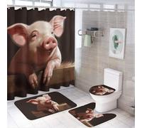 YHEGBFD Set di 4 tappeti da bagno con stampa di maialini, 4 pezzi, set da bagno composto da tende da doccia e ganci