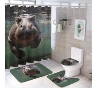 YHEGBFD Set di 4 tappeti da bagno con stampa ippopotamo e 4 pezzi, set da bagno composto da 4 pezzi, con tende da doccia e ganci