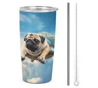 YHEGBFD Tazza da caffè da viaggio isolata in acciaio inossidabile, tazza da auto con divertente tartaruga carlino stampa cane, tazza da auto in acciaio inox con coperchio e cannuccia