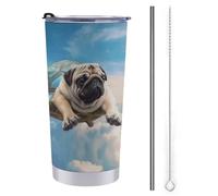 YHEGBFD Tazza da caffè da viaggio isolata in acciaio inossidabile, tazza da auto con divertente tartaruga carlino stampa cane, tazza da auto in acciaio inox con coperchio e cannuccia