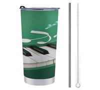 YHEGBFD Tazza da caffè da viaggio isolata in acciaio inossidabile, tazza da caffè verde e bianca con stampa di tasti di pianoforte, tazza da auto, tazza in acciaio inox con coperchio e cannuccia