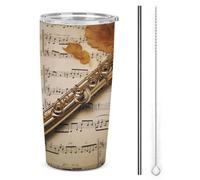 YHEGBFD Tazza da caffè da viaggio isolata in acciaio inossidabile, tazza per auto con stampa musicale flauto, tazza inversabile, tazza per auto in acciaio inossidabile con coperchio e cannuccia