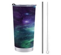 YHEGBFD Tazza da caffè da viaggio isolata in acciaio inox, tazza da auto con stampa galassia verde, blu, viola, tazza da auto, tazza in acciaio inox con coperchio e cannuccia
