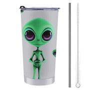 YHEGBFD Tazza da caffè da viaggio isolata in acciaio inox, tazza per auto con stampa aliena verde, tazza inversabile, tazza per auto in acciaio inossidabile con coperchio e cannuccia