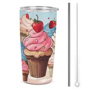YHEGBFD Tazza da caffè isolata da viaggio in acciaio inox, tazza da caffè con stampa di cupcake e gelato, tazza per auto in acciaio inox con coperchio e cannuccia