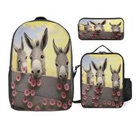 YHEGBFD Zaino tascabile, con stampa di asini e fiori, set di borse per il pranzo a tracolla, casual, 3 pezzi, stile, taglia unica