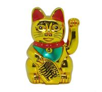 Yhenlovtt Ornamento a forma di gatto fortunato, statuetta elettrica di Maneki Neko con braccio oscillante, dettaglio pepita dorata, in plastica, 16 cm, per negozio, ufficio, casa (oro)