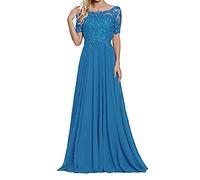 yhfshop Abito da Cerimonia Donna in,Abito da Sera a Maniche Corte con Applicazioni in Pizzo-Meerblau_46,Abito da Sera Matrimonio Banchetto