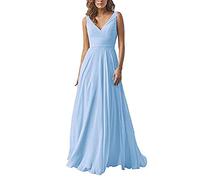 yhfshop Damigella Party Festa Abito,Abito in Chiffon con Scollo a V a Doppia Spalla, Abito da Sera a Trapezio-Light Blue E_34,Formale Donna Vestiti da Sera