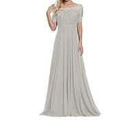 yhfshop Sexy Donna Vestito da Cerimonia,Abito da Sera a Maniche Corte con Applicazioni in Pizzo-Silber-_56,Vestito da Cerimonia Matrimonio