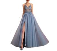 yhfshop Vestiti da Cerimonia e Ballo,Abito da Sera in Rilievo con Scollo a V Diviso Sexy,Gray Blue,US12,Abito da Sera Partito Festa Banchetto