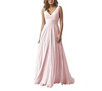 yhfshop Vestito da Cerimonia Donna Lungo,Abito in Chiffon con Scollo a V a Doppia Spalla, Abito da Sera a Trapezio-Pink A_34,Damigella Vestito Elegante Abito da