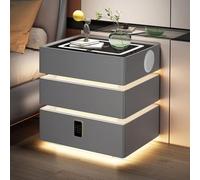 YHHLWXMDZ Comodino Intelligente, Tavolino da Notte con Stazione di Ricarica | Luce LED a Sensore Tattile, Serratura a Codice, Pelle Microfibra, Altoparlante Nascosto, 3 Cassetti(Silver,40cm/16in)