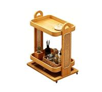 YHHLWXMDZ Tavolino Compatto in Bambù a 2 Livelli con Ruote e Maniglia, Base Sospesa, Decor Rattan, Portata 65 kg per Soggiorno, Camera da Letto e Sala Giochi(Natural)