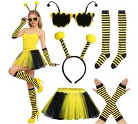 Yhjxly Costume da api da donna, costume da carnevale, 5 pezzi, con fascia per antenna, occhiali da api, gonna in tulle, calze al ginocchio, guanti lunghi, per carnevale Halloween e feste