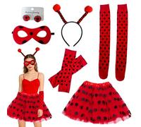 Yhjxly Costume da coccinella da donna, 6 pezzi, colore rosso e nero, tutù, gonna in tulle, con cerchietto per capelli, guanti senza dita, maschera per gli occhi, orecchini e calze, costume di