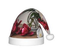 YHLKLWKSZC Cappello di Babbo Natale stampato con fiori di peonia e fiori, cappello di Babbo Natale, morbido e confortevole, 1 pezzo