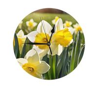 YHLKLWKSZC Orologio da parete rotondo silenzioso da 25,4 cm, con stampa di fiori di narciso, per soggiorno, cucina, bagno, camera da letto, senza ticchettio, funzionamento a batteria