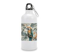 YHNNH Borraccia sportiva da 600 ml, in alluminio bianco, con stampa di uccelli nella giungla, riutilizzabile, a prova di perdite, portatile, isolata, con moschettone, per bici, campeggio, viaggi