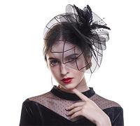 YHNNH cappello con piume, Cappello da donna con fiori, nastri in rete e piume, fascia for capelli o fermaglio for cocktail tè(9061)