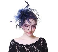 YHNNH cappello con piume, Cappello da donna con fiori, nastri in rete e piume, fascia for capelli o fermaglio for cocktail tè(9024C)