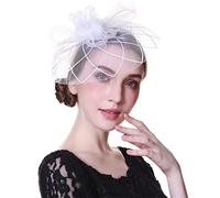 YHNNH cappello con piume, Cappello da donna con fiori, nastri in rete e piume, fascia for capelli o fermaglio for cocktail tè(30B)