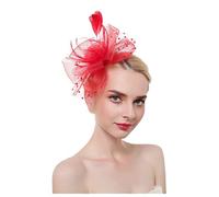 YHNNH cappello con piume, Copricapo da sposa, for chiesa, donna, con nastri in rete e piume, for cocktail tè(Red)