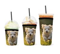 YHNNH Confezione da 3 custodie per tazze da caffè, motivo cucciolo che attraversa il Grassprinted, riutilizzabili, in neoprene, durevoli, lavabili, per bevande fredde e calde