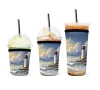 YHNNH Confezione da 3 custodie per tazze da caffè, motivo "Sea Lighthouse Sandbeach", riutilizzabili, in neoprene, durevoli, lavabili, per bevande fredde e calde