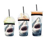 YHNNH Confezione da 3 custodie per tazze da caffè, motivo squalo nel mare, riutilizzabili, in neoprene, durevoli, lavabili, per bevande fredde e calde